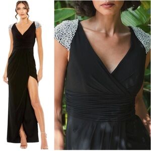Mac Duggal Black V Neck Embellished Cap Sleeve Faux Wrap Slit Gown